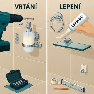 Koupelnové doplňky: vrtat, nebo lepit? 🛁 Víme, co vydrží víc a co nepoškodí obklad. Tipy, výhody, nevýhody – vše v článku!...